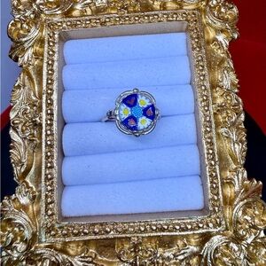 Sterling Silver Ring with Blue Millefiori Floral Inlay Handmade